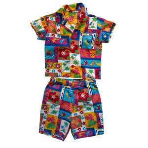 Vintage Tropical Hawaiian Kids Short Sleeve Shirt Shorts Set Multicolor Cotton